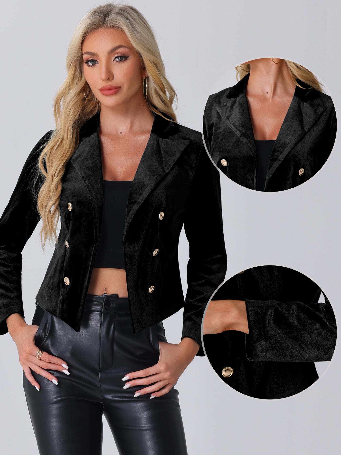 Allegra K Notch Lapel Open Front Button Decor Velvet Cropped Jackets