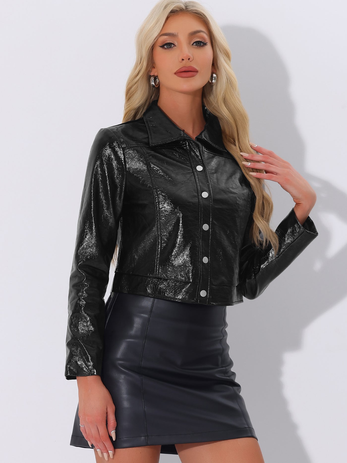 Allegra K Long Sleeve PU Faux Leather Cropped Moto Jacket