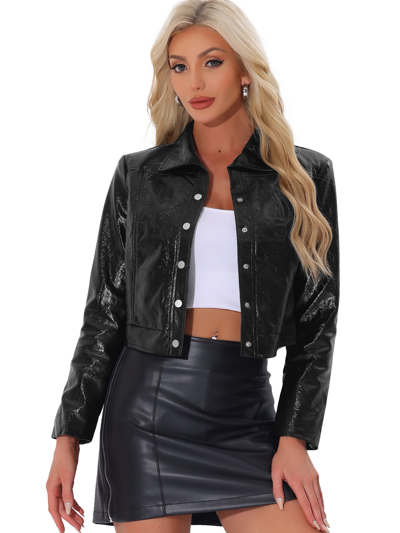 Allegra K Long Sleeve PU Faux Leather Cropped Moto Jacket