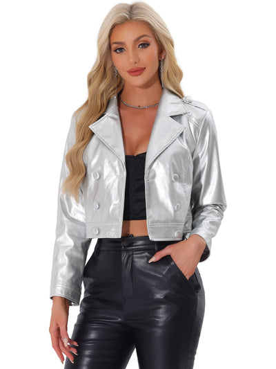 Double-breasted Button Notch Lapel Y2K Metallic Long Sleeve Jackets