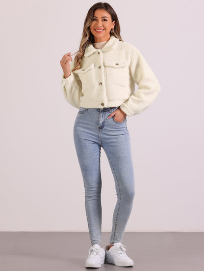 Faux Fur Lapel Button Down Long Sleeve Cropped Jackets