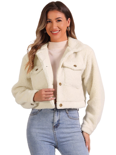 Faux Fur Lapel Button Down Long Sleeve Cropped Jackets