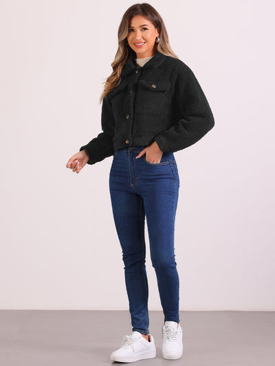 Faux Fur Lapel Button Down Long Sleeve Cropped Jackets