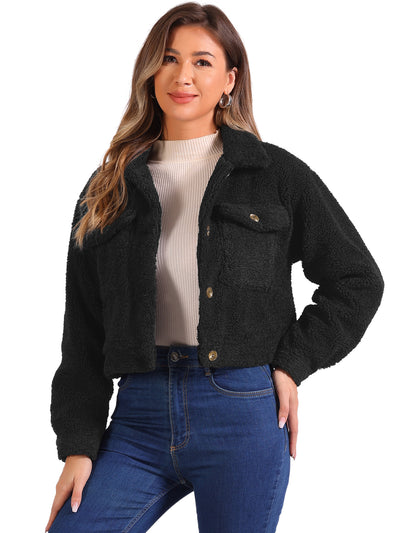 Faux Fur Lapel Button Down Long Sleeve Cropped Jackets