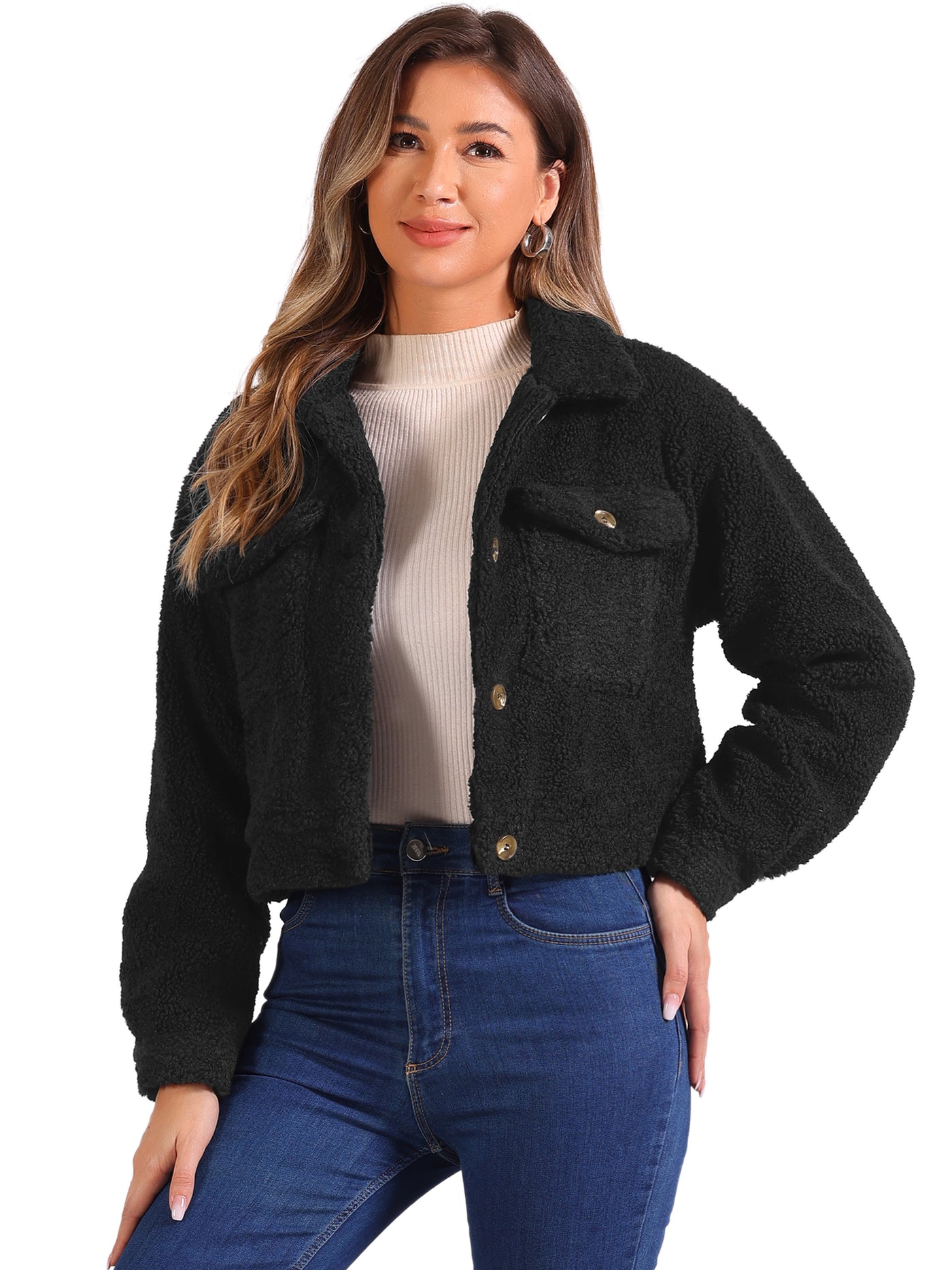 Allegra K Faux Fur Lapel Button Down Long Sleeve Cropped Jackets