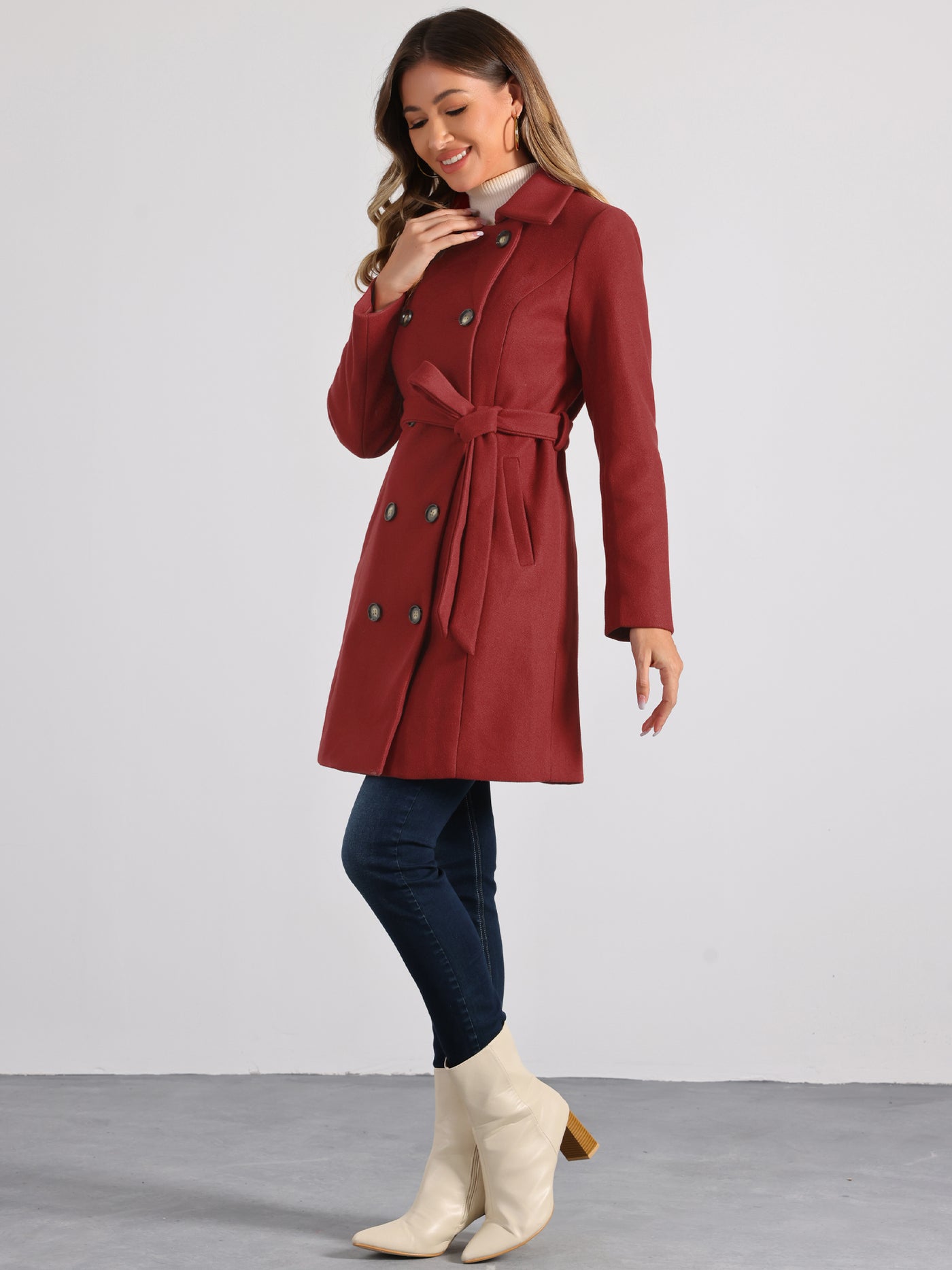 Allegra K Lapel Double Breasted Slant Pocket Button Belted Pea Coats