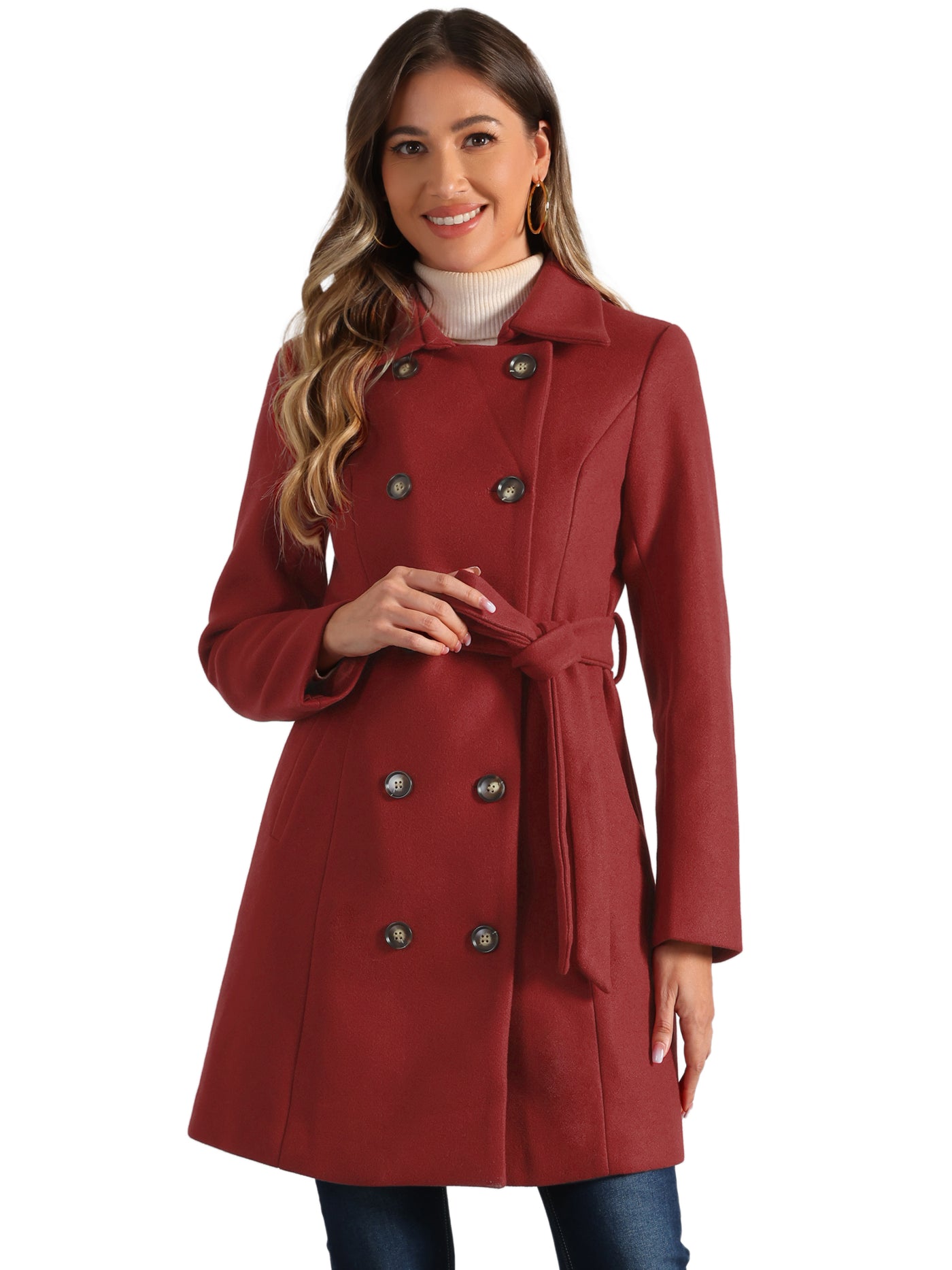 Allegra K Lapel Double Breasted Slant Pocket Button Belted Pea Coats