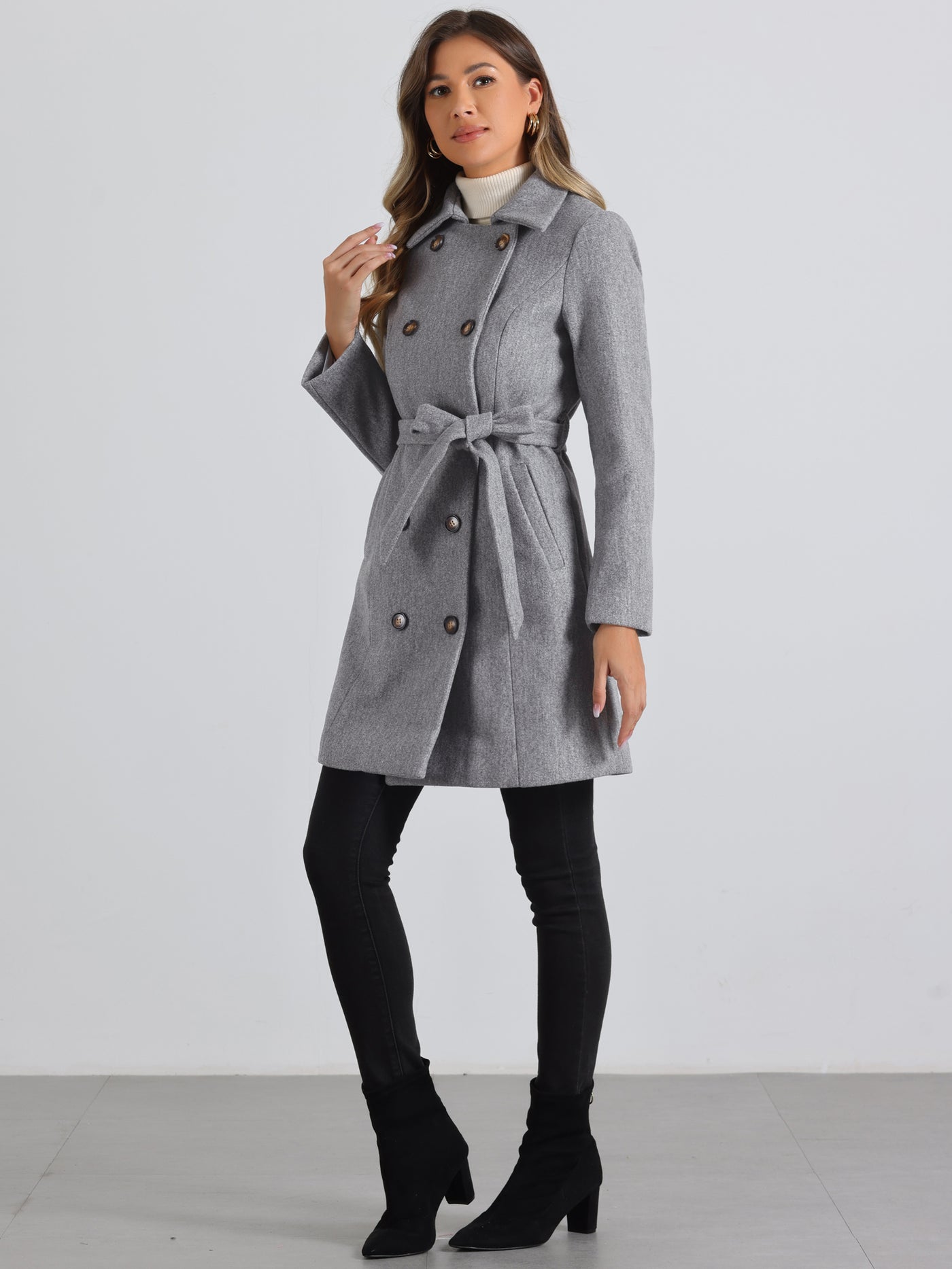 Allegra K Lapel Double Breasted Slant Pocket Button Belted Pea Coats