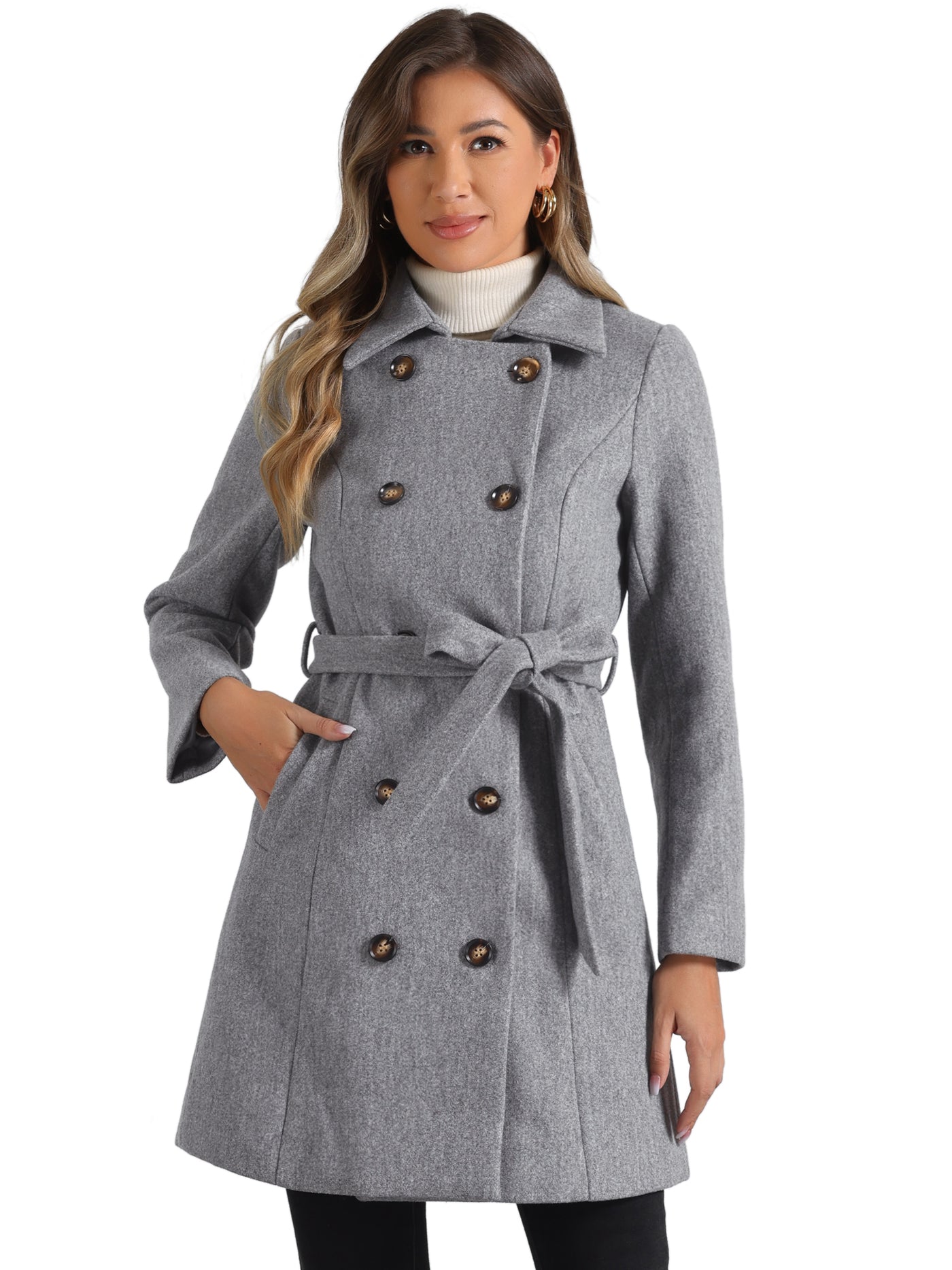 Allegra K Lapel Double Breasted Slant Pocket Button Belted Pea Coats