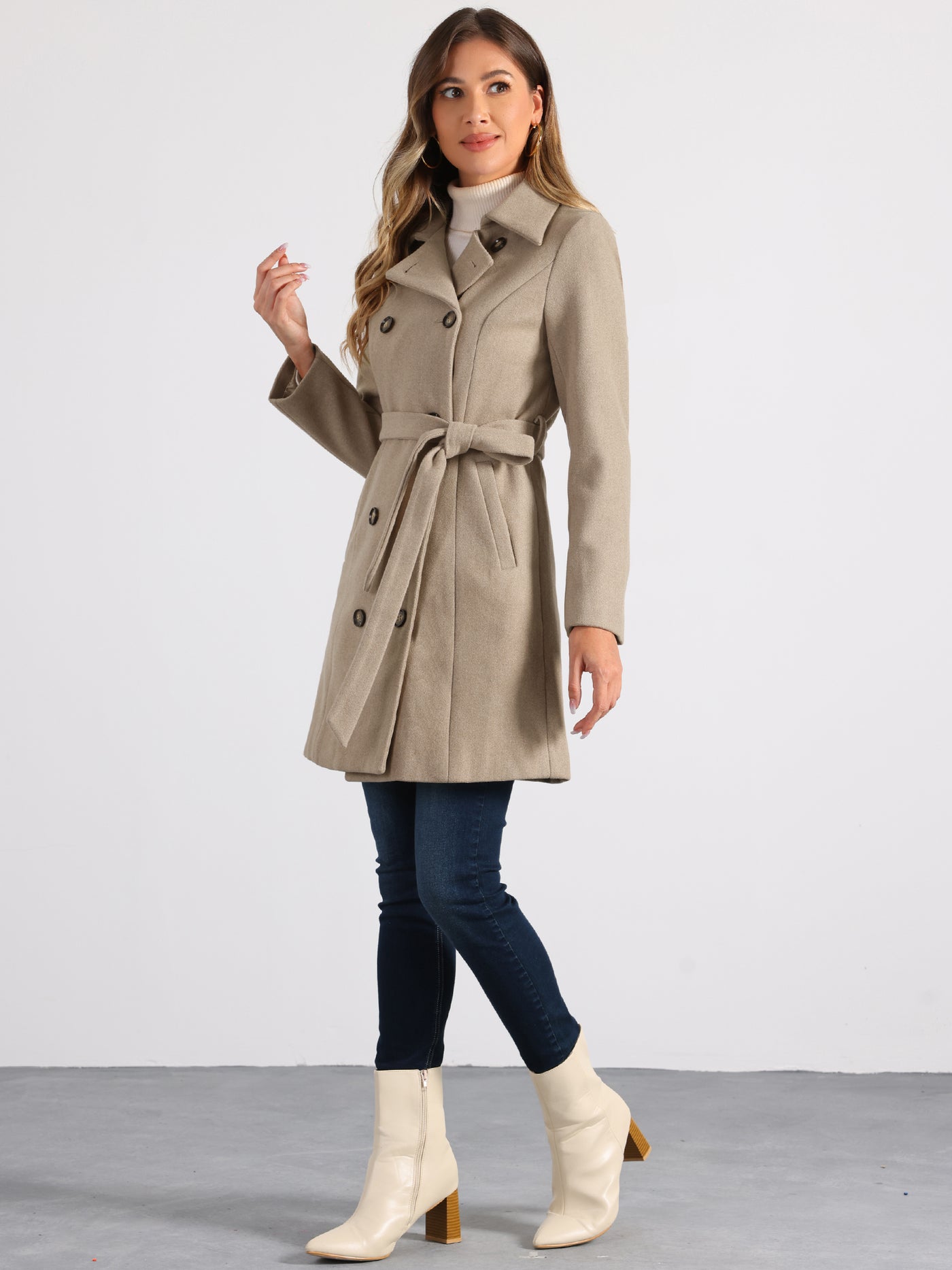 Allegra K Lapel Double Breasted Slant Pocket Button Belted Pea Coats