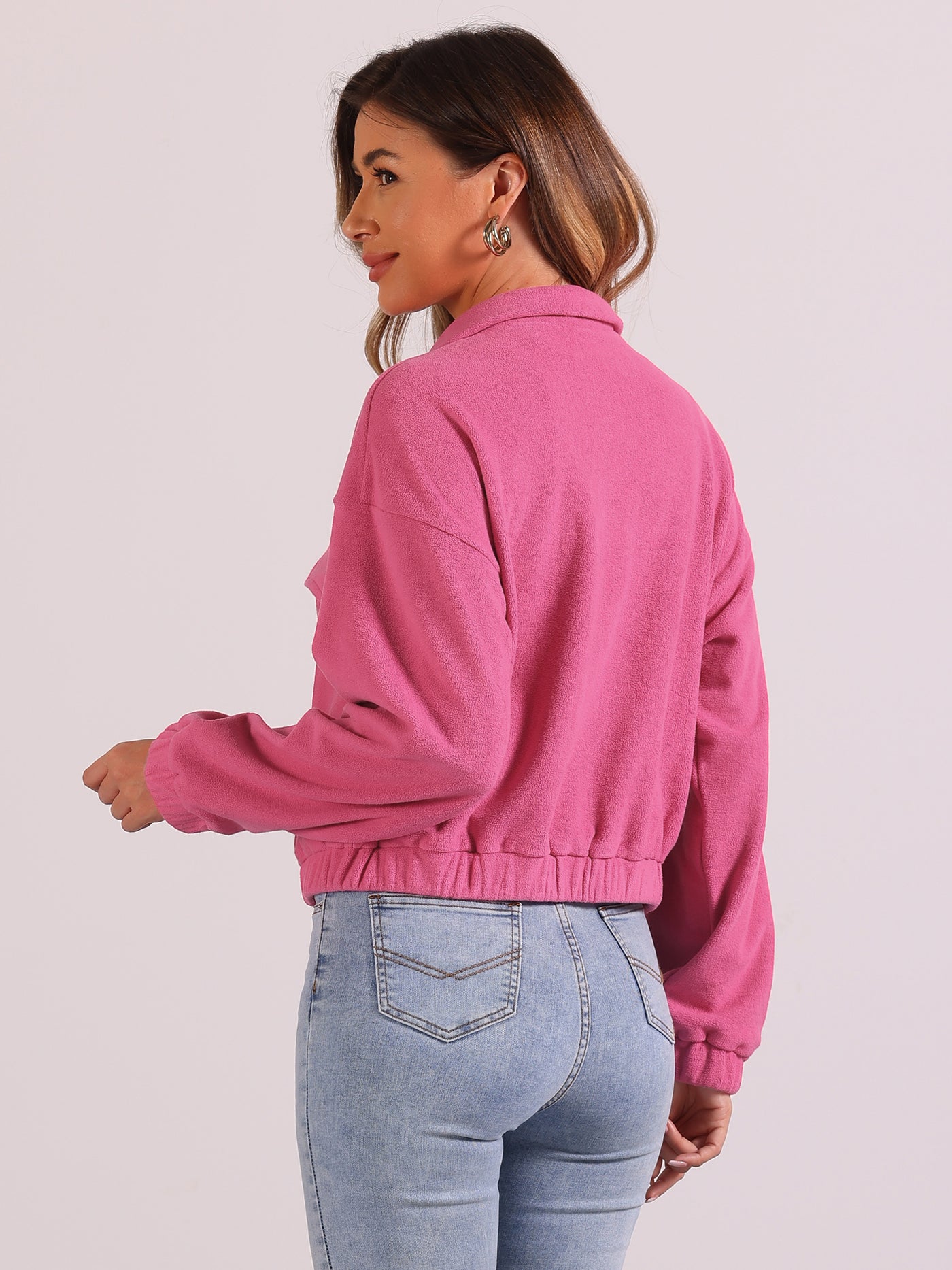 Allegra K Fuzzy Fleece Long Sleeve Casual Cropped Jacket