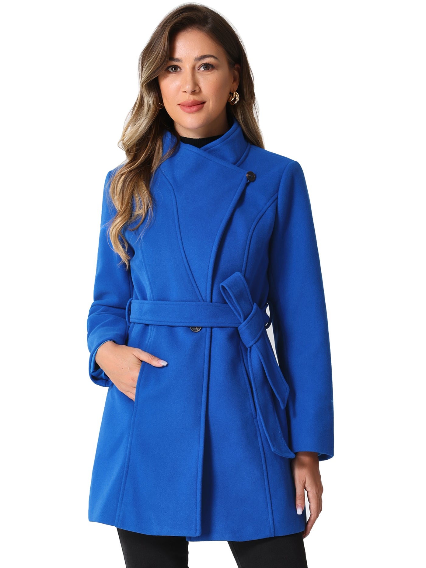 Allegra K Classic Stand Collar Long Sleeve Winter Belted Coat