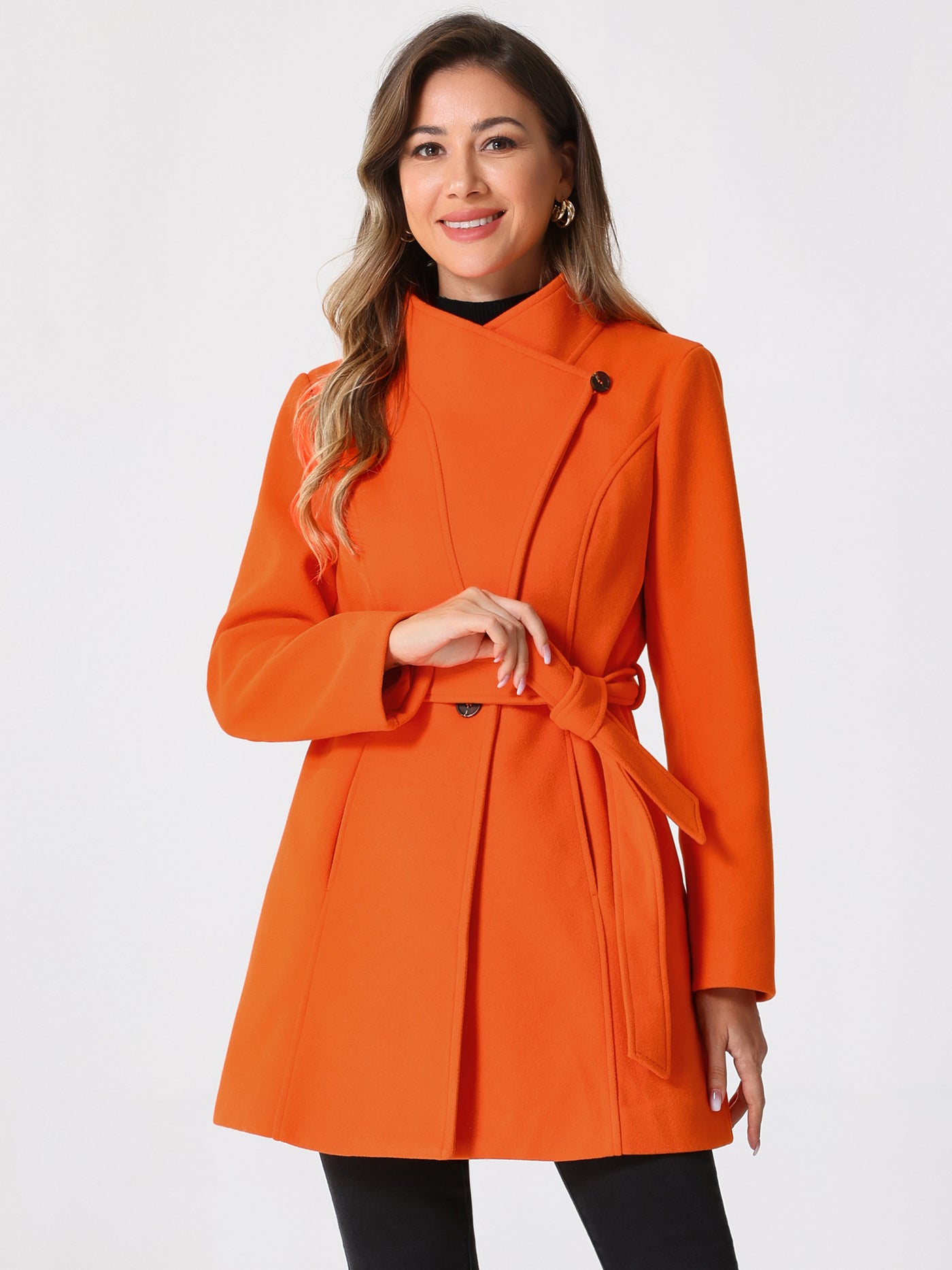 Allegra K Classic Stand Collar Long Sleeve Winter Belted Coat