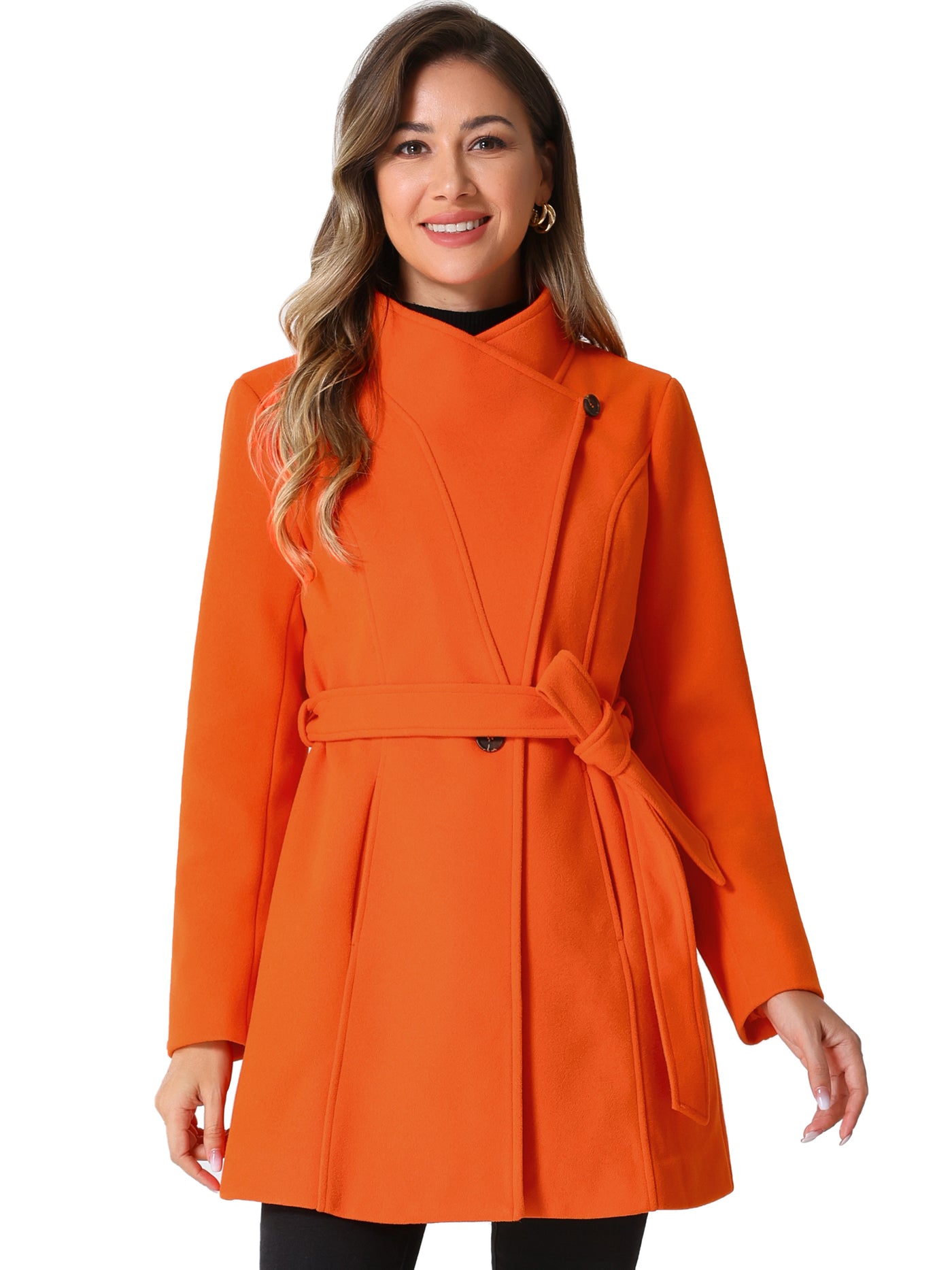 Allegra K Classic Stand Collar Long Sleeve Winter Belted Coat