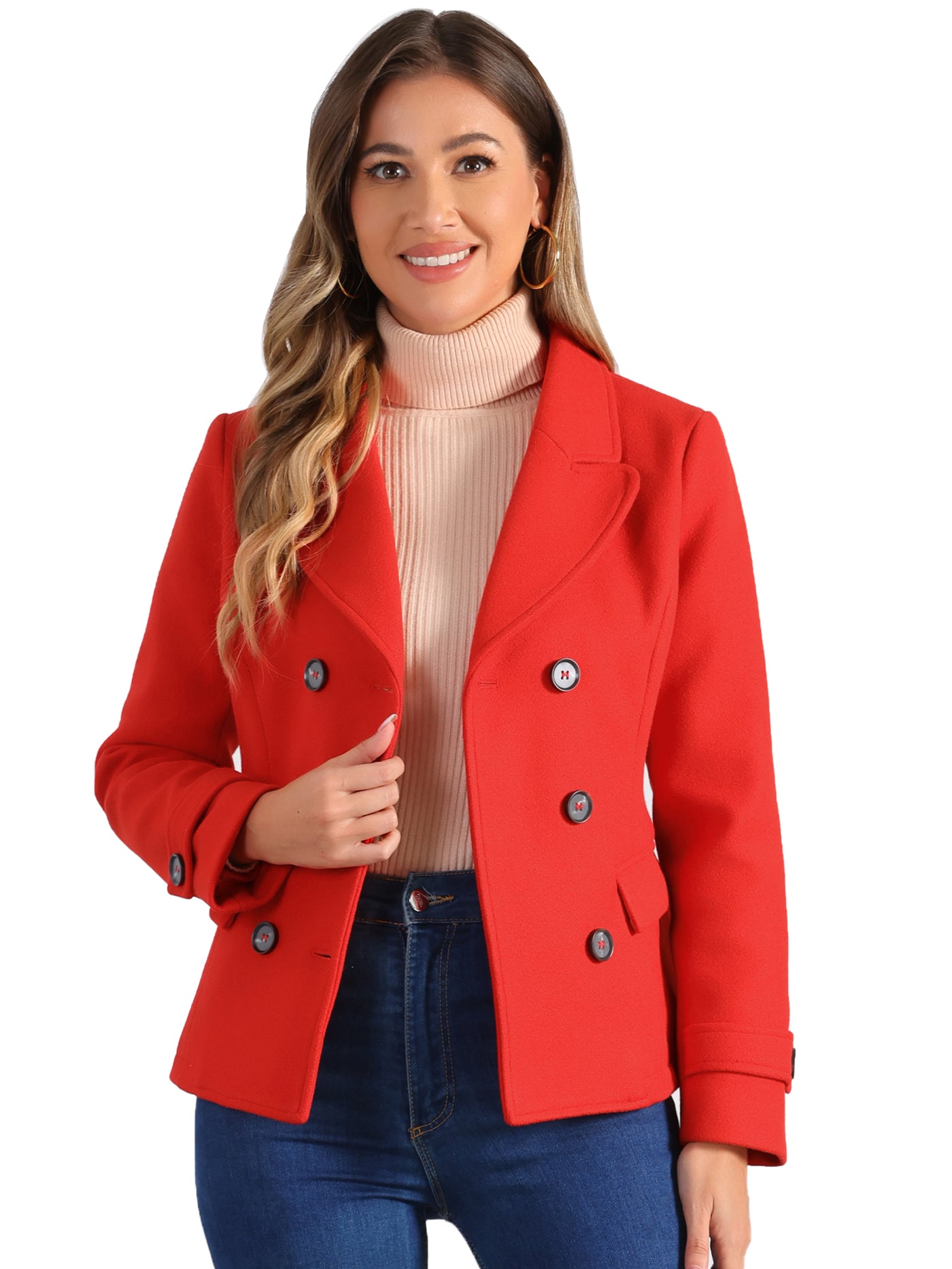 Allegra K Winter Notched Lapel Double Breasted Short Pea Coat