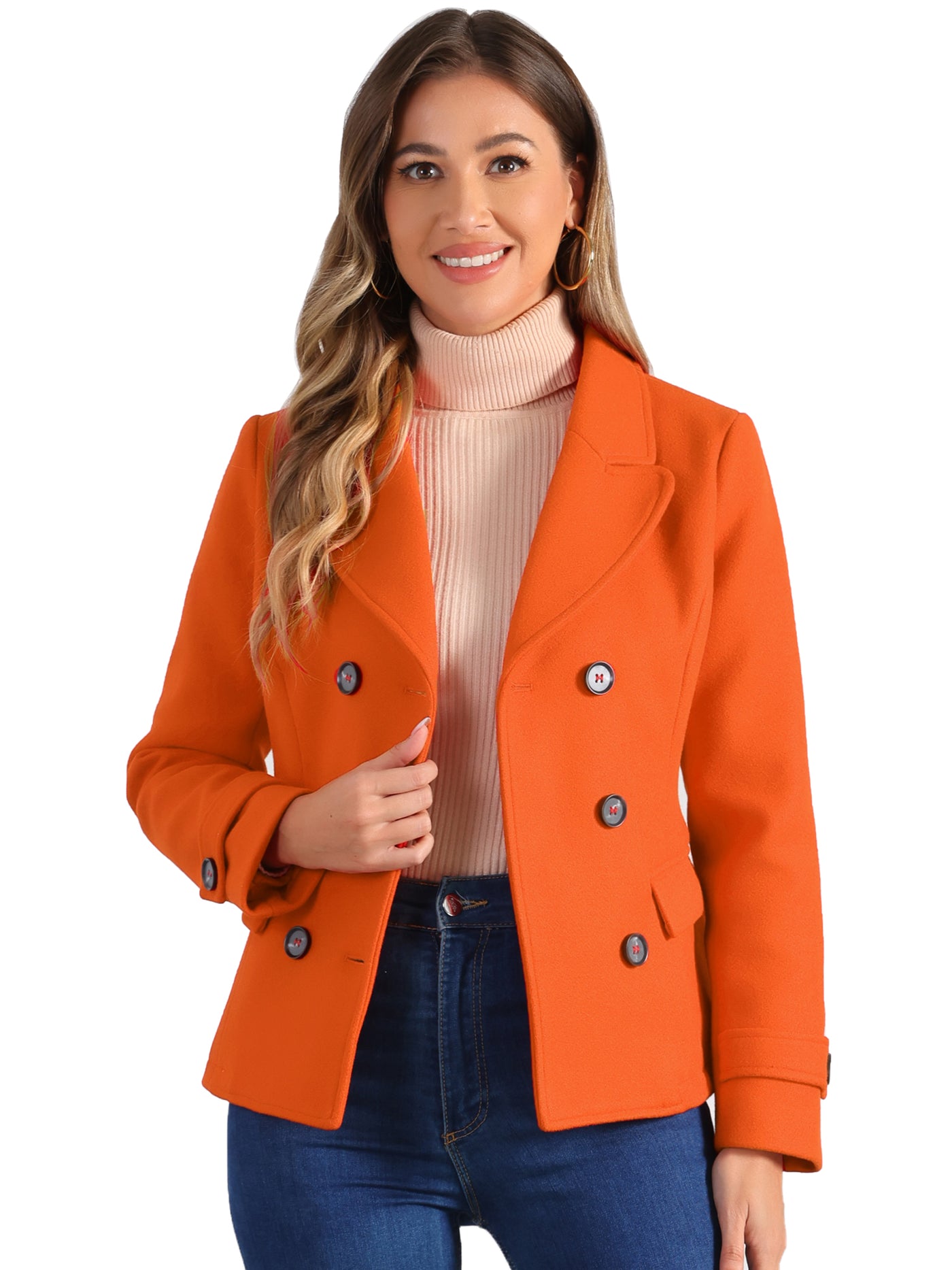 Allegra K Winter Notched Lapel Double Breasted Short Pea Coat