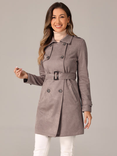 Notched Lapel Double Breasted Faux Suede Trench Coat Jacket with Belt