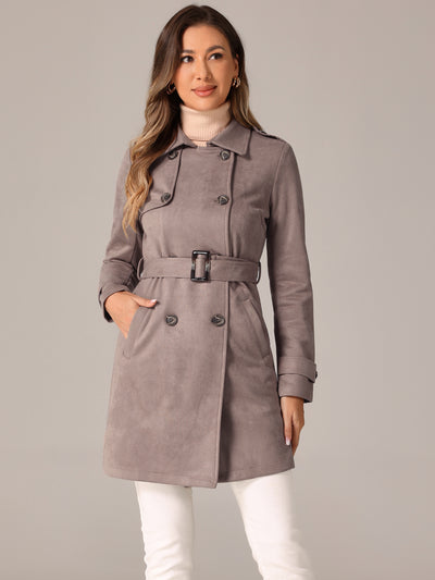 Notched Lapel Double Breasted Faux Suede Trench Coat Jacket with Belt