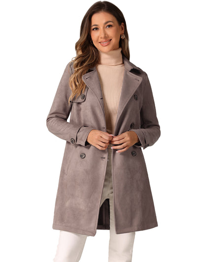 Notched Lapel Double Breasted Faux Suede Trench Coat Jacket with Belt