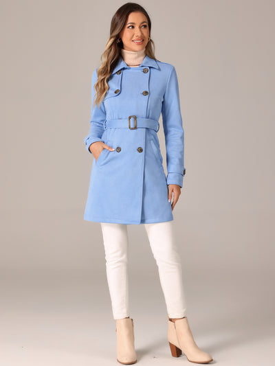 Notched Lapel Double Breasted Faux Suede Trench Coat Jacket with Belt