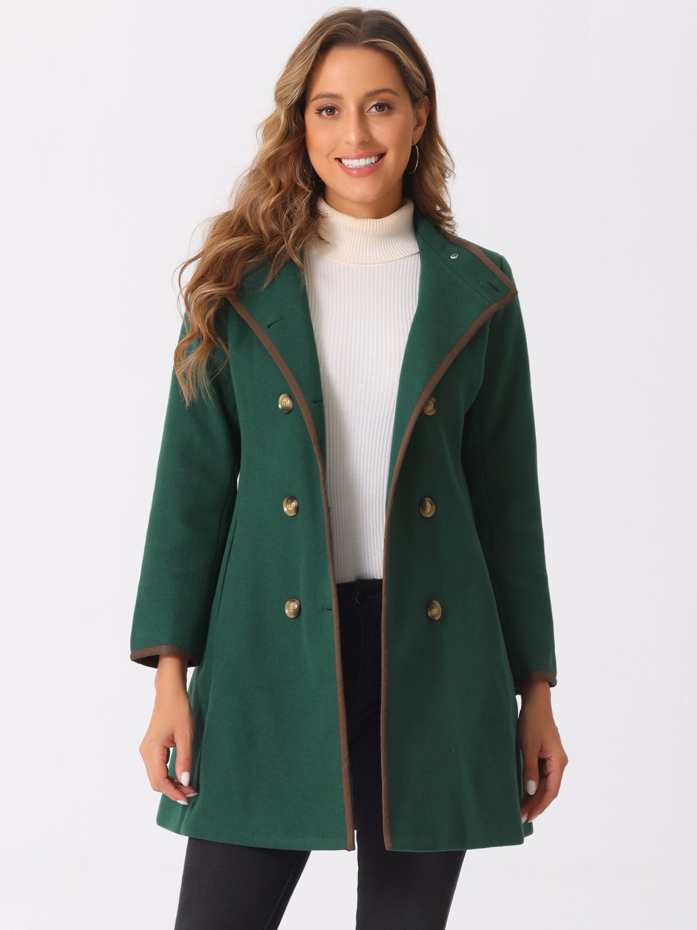 Allegra K Double-breasted Long Belted Stand Collar Winter Pea Coat