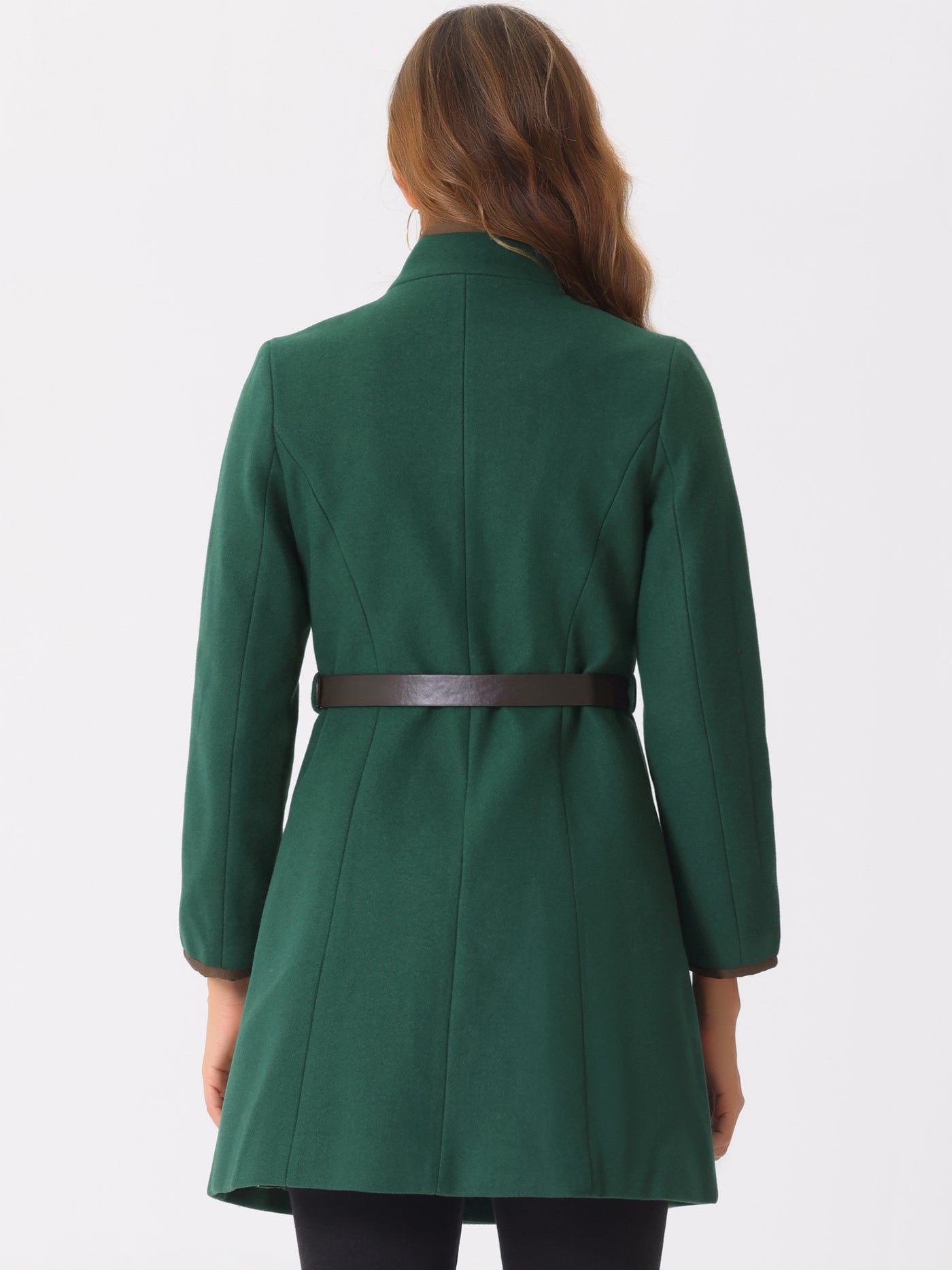 Allegra K Double-breasted Long Belted Stand Collar Winter Pea Coat