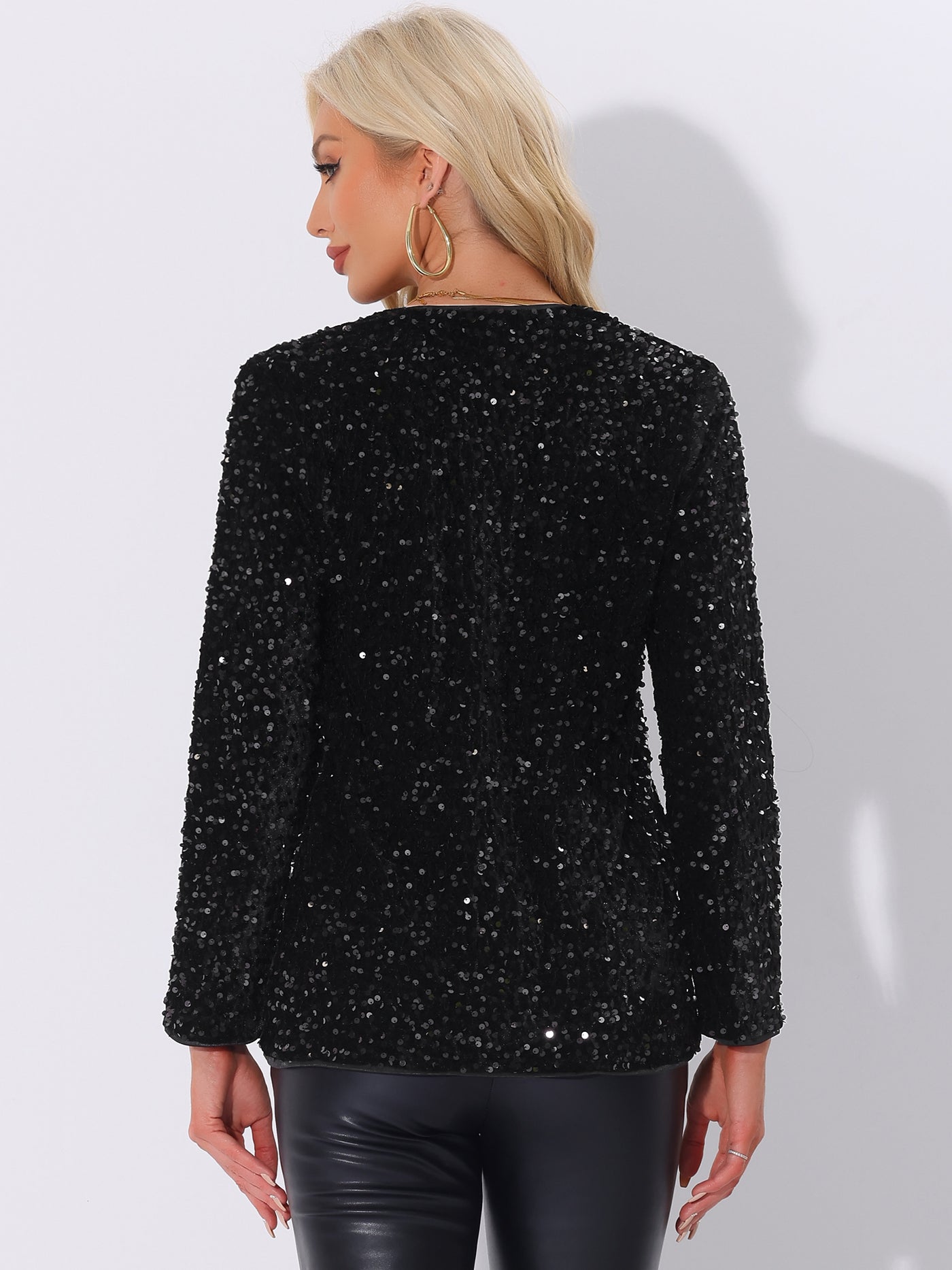 Allegra K Long Sleeve Glitter Party Sequin Open Front Jacket