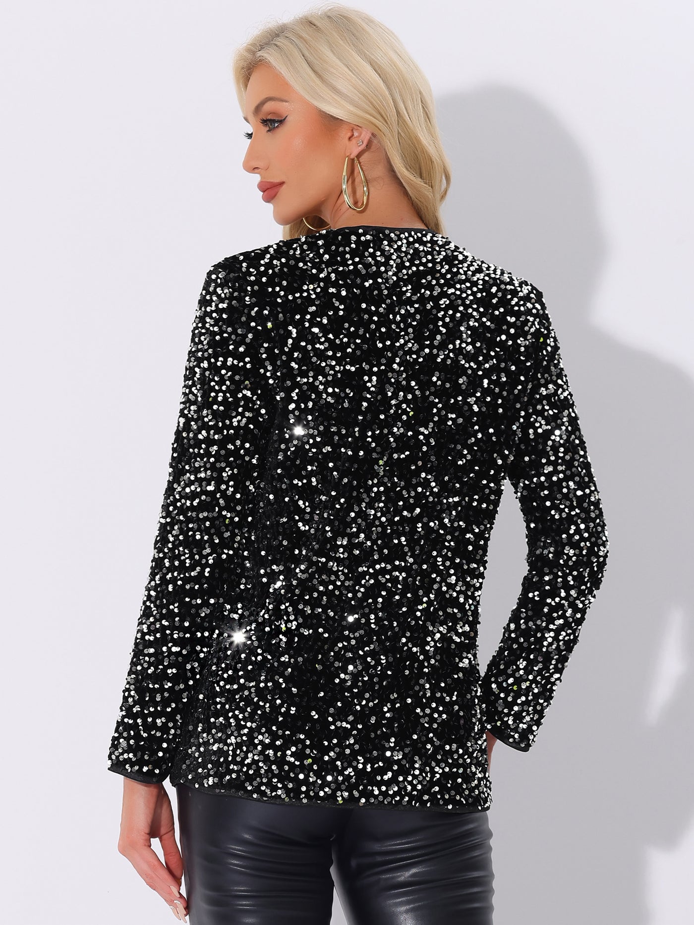 Allegra K Long Sleeve Glitter Party Sequin Open Front Jacket