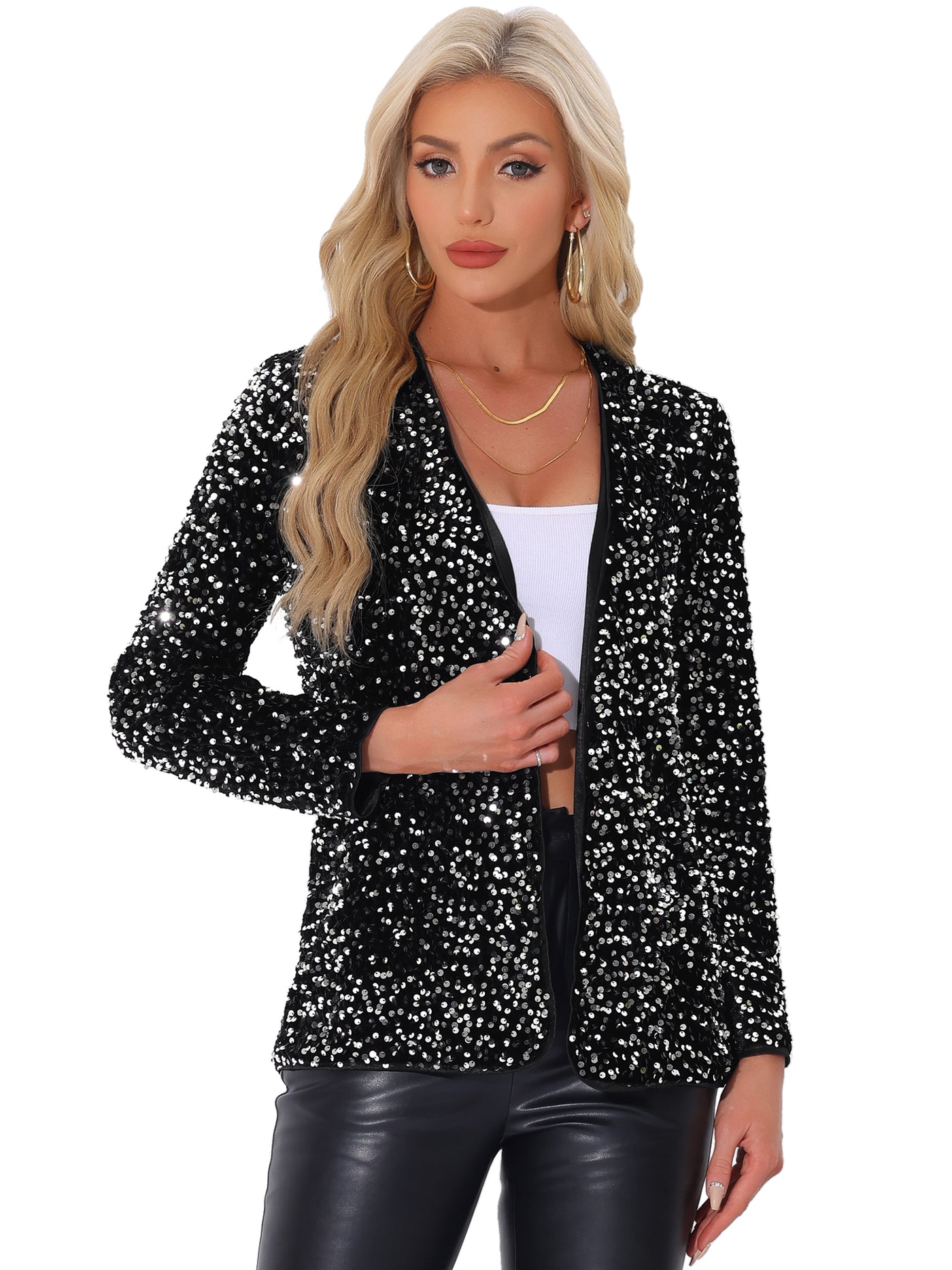 Allegra K Long Sleeve Glitter Party Sequin Open Front Jacket