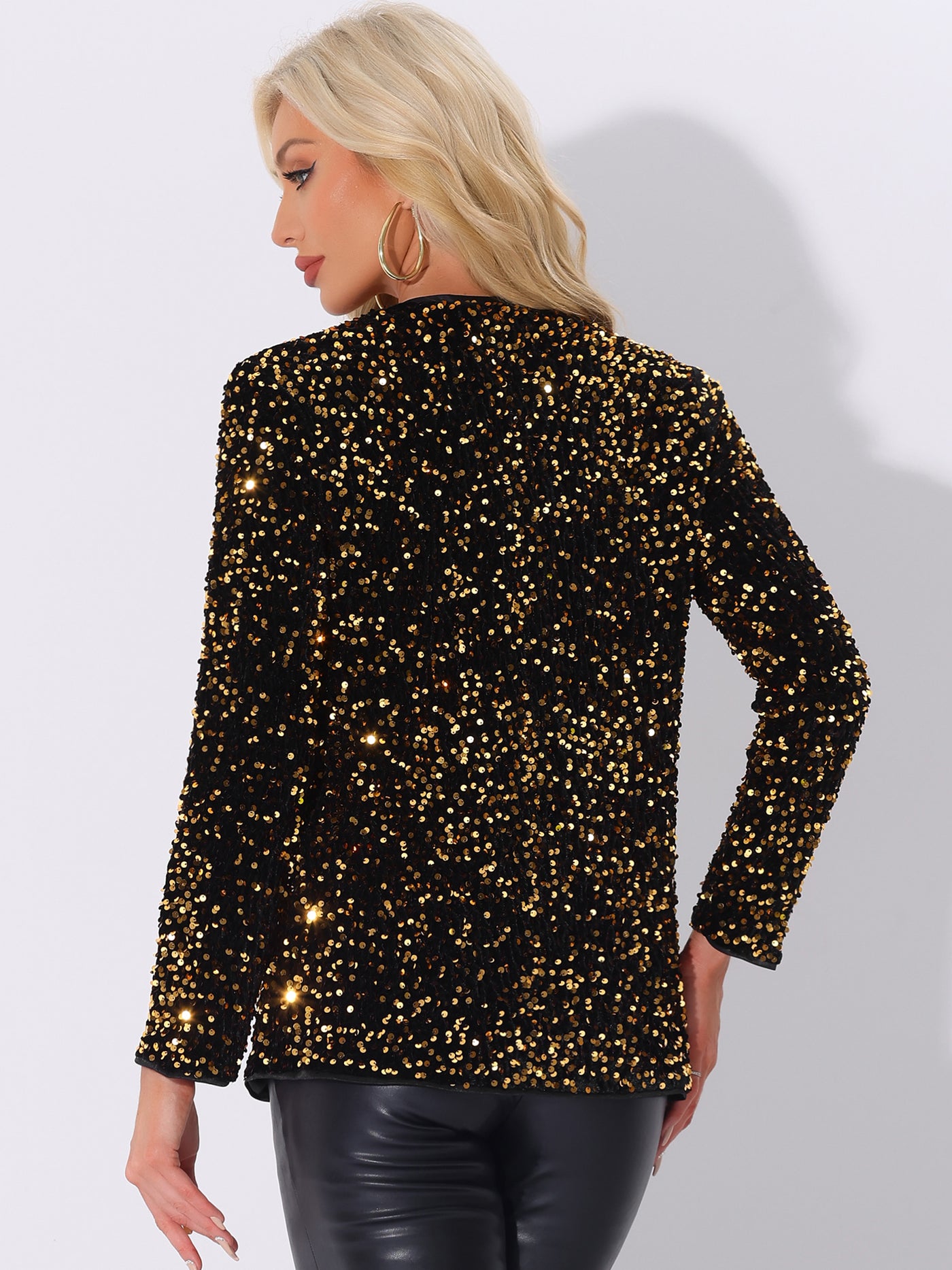 Allegra K Long Sleeve Glitter Party Sequin Open Front Jacket