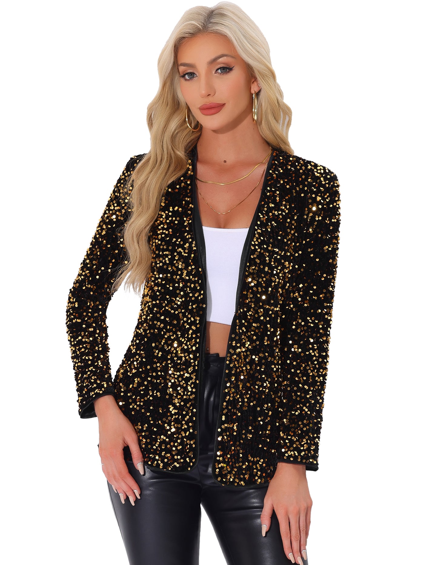 Allegra K Long Sleeve Glitter Party Sequin Open Front Jacket