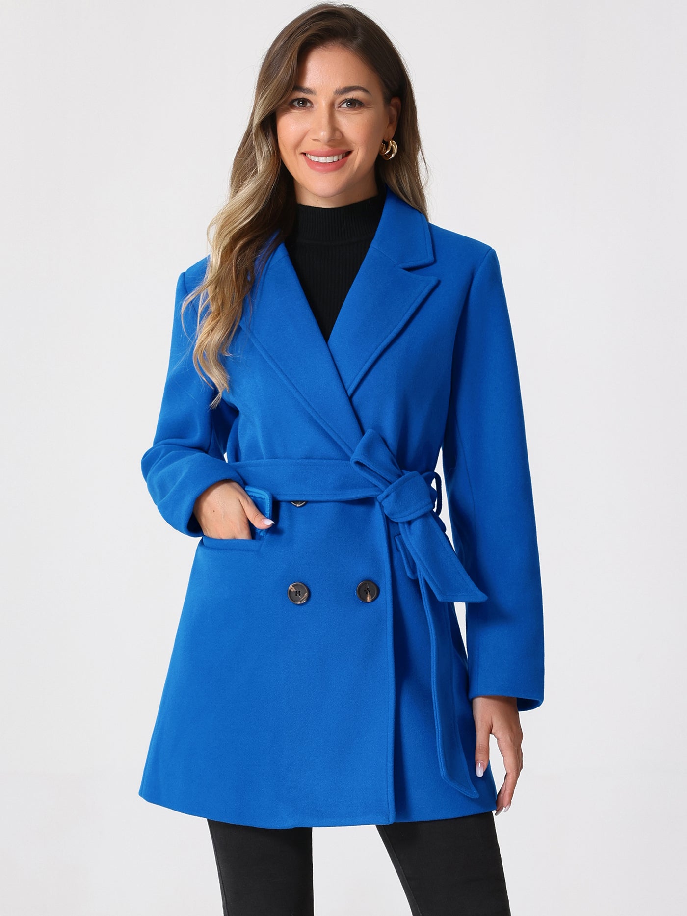 Allegra K Notch Lapel Belted Mid Long Outwear Winter Coat