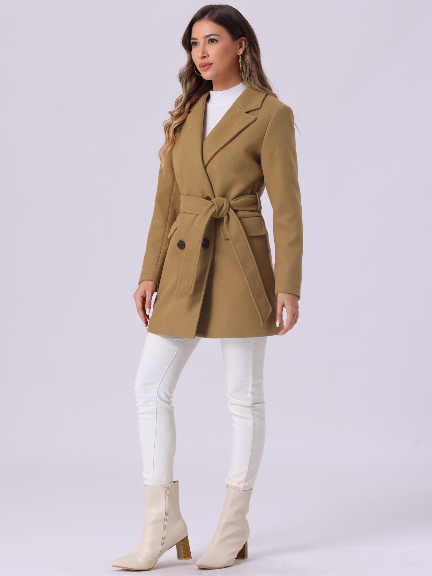 Allegra K Notch Lapel Belted Mid Long Outwear Winter Coat