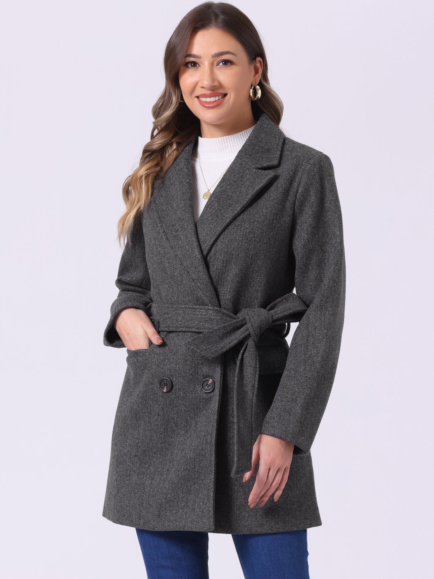 Allegra K Notch Lapel Belted Mid Long Outwear Winter Coat