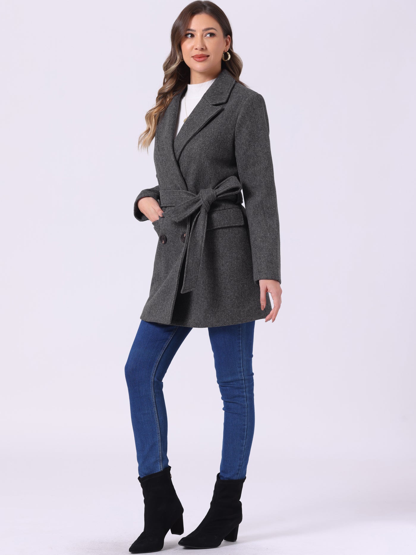 Allegra K Notch Lapel Belted Mid Long Outwear Winter Coat