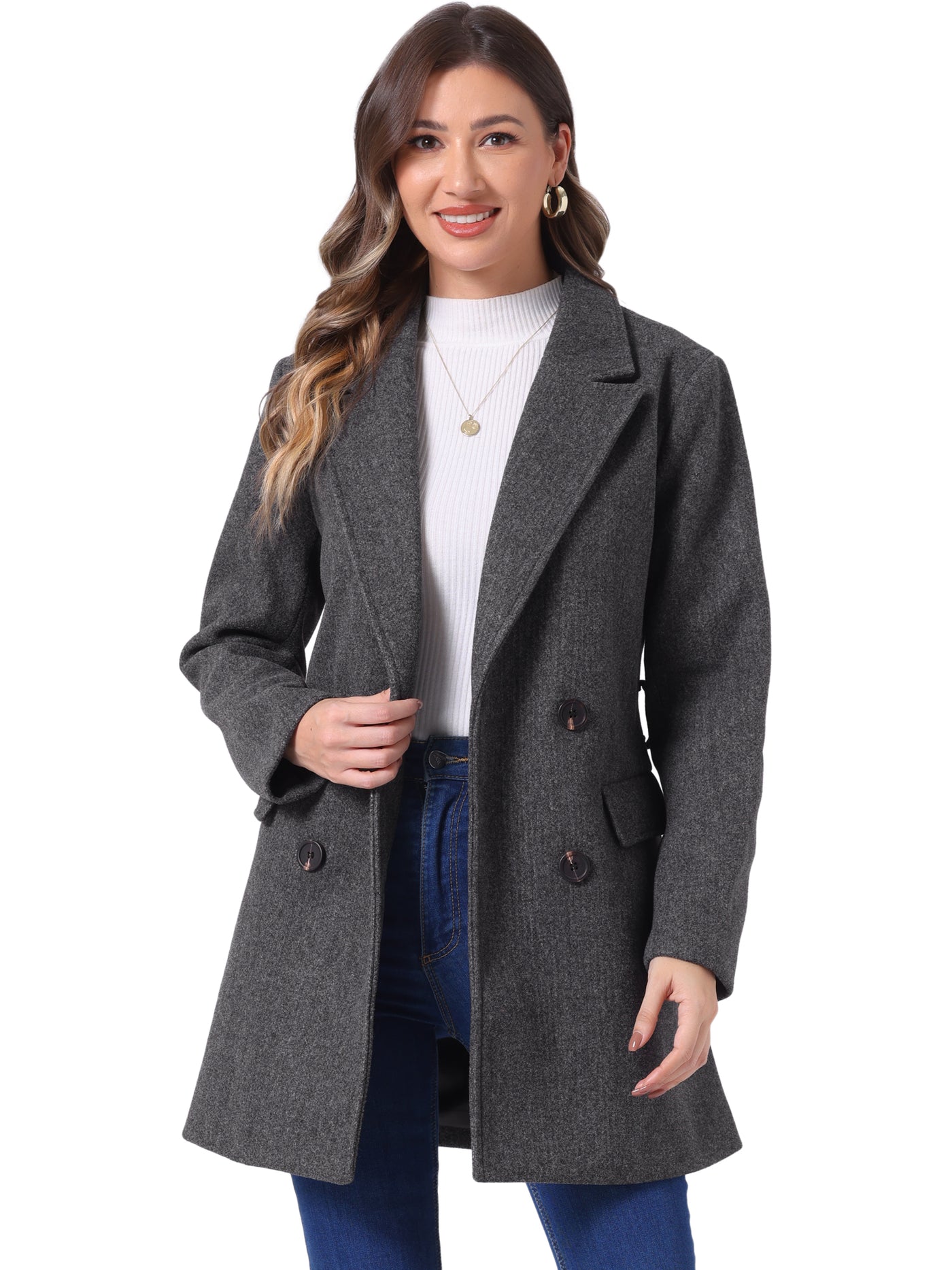 Allegra K Notch Lapel Belted Mid Long Outwear Winter Coat