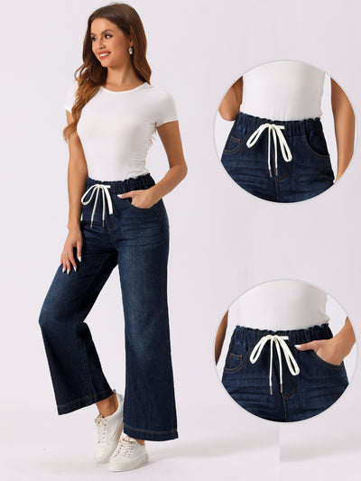 Casual Denim Pants Drawstring Elastic Waist Wide Legs Jeans