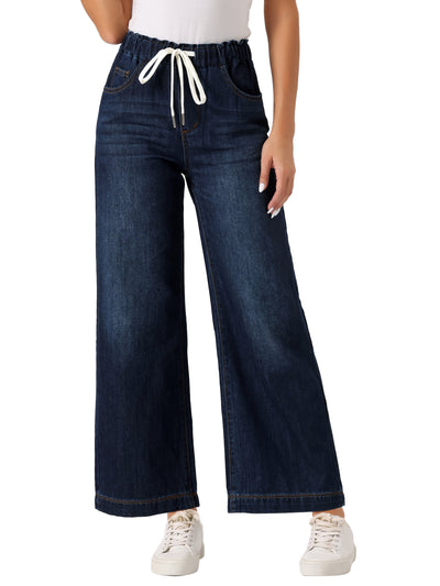 Casual Denim Pants Drawstring Elastic Waist Wide Legs Jeans