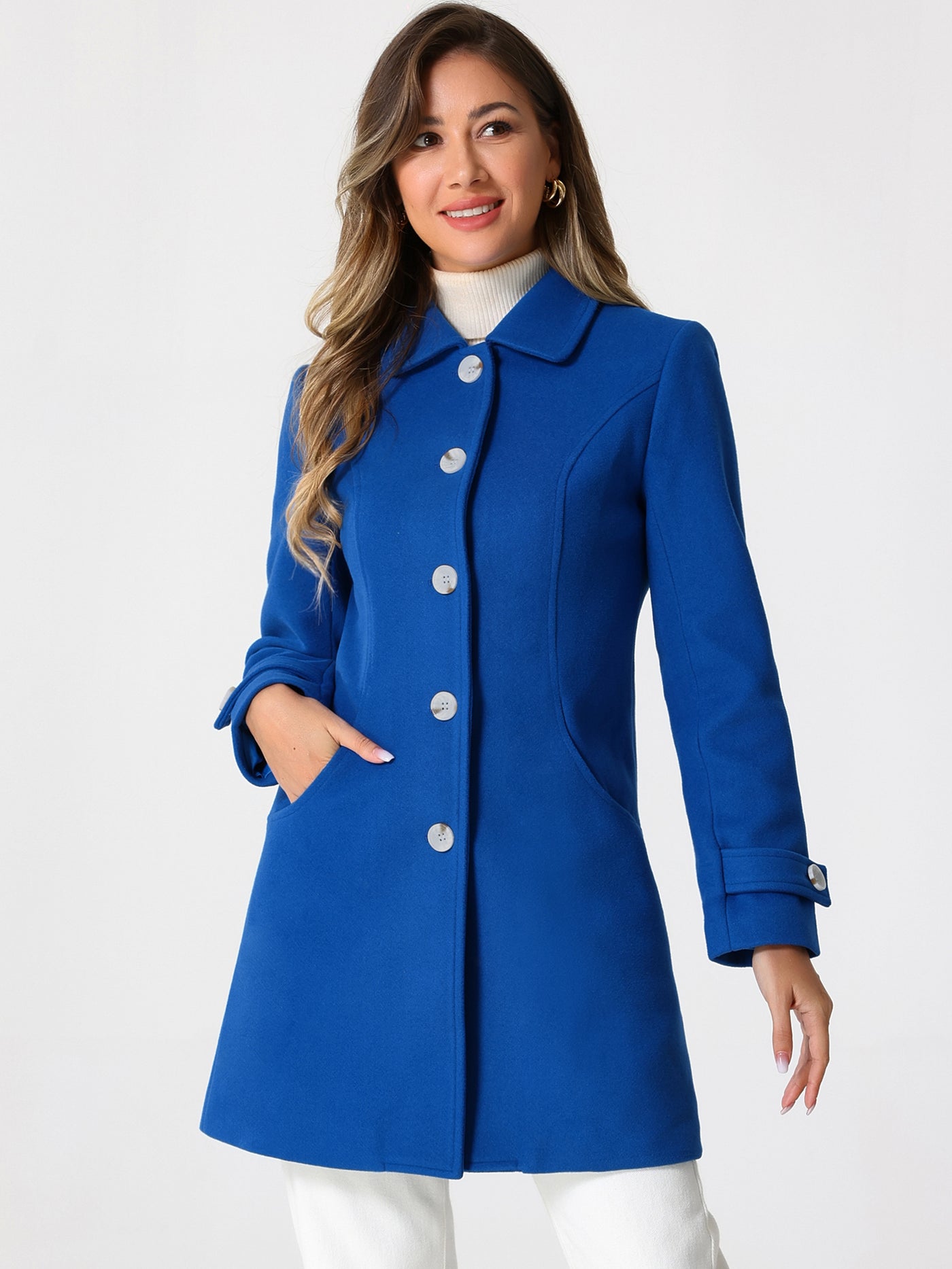 Allegra K Winter Peter Pan Collar Mid-thigh A-line Single Breasted Pea Coat