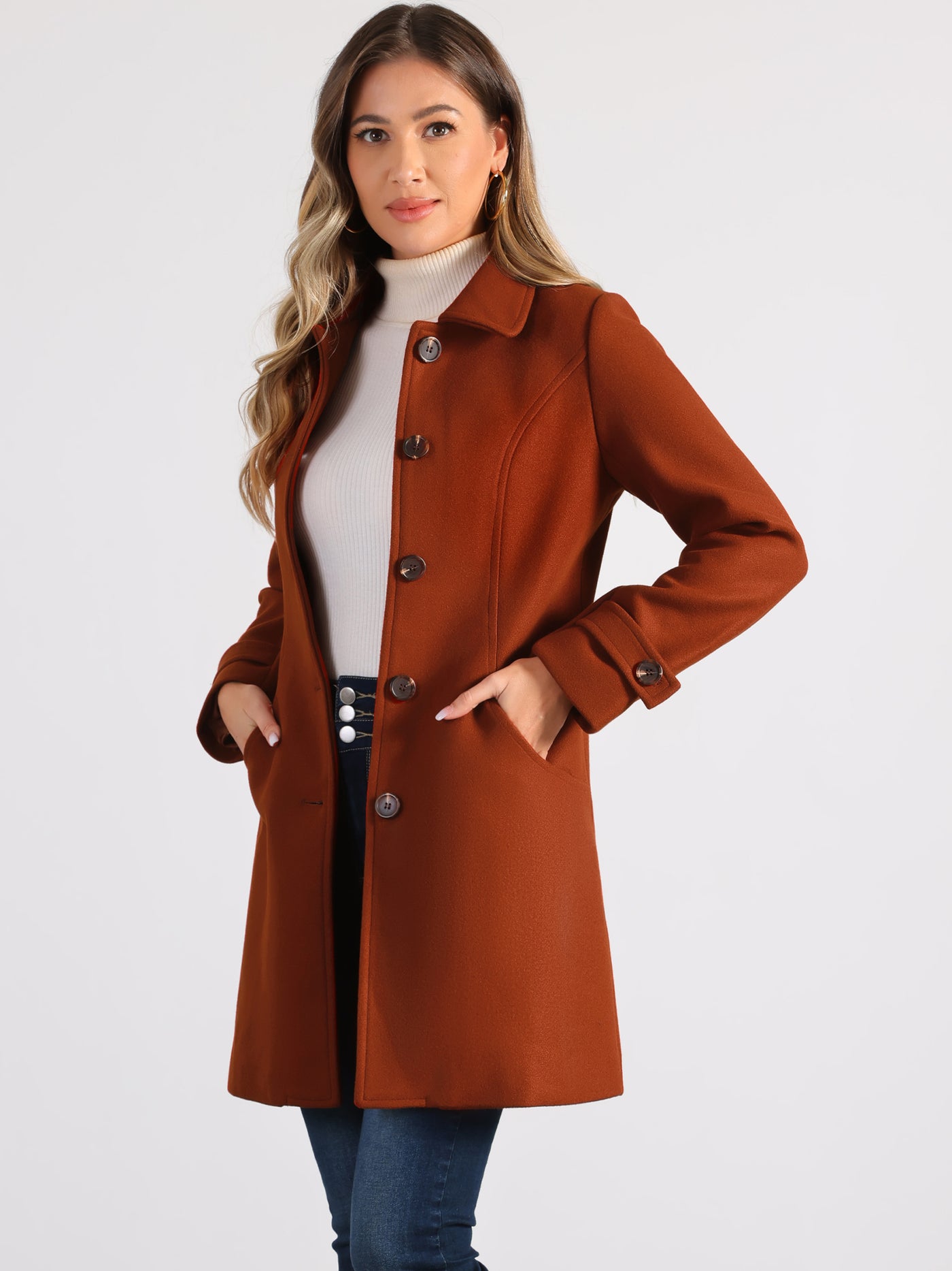 Allegra K Winter Peter Pan Collar Mid-thigh A-line Single Breasted Pea Coat