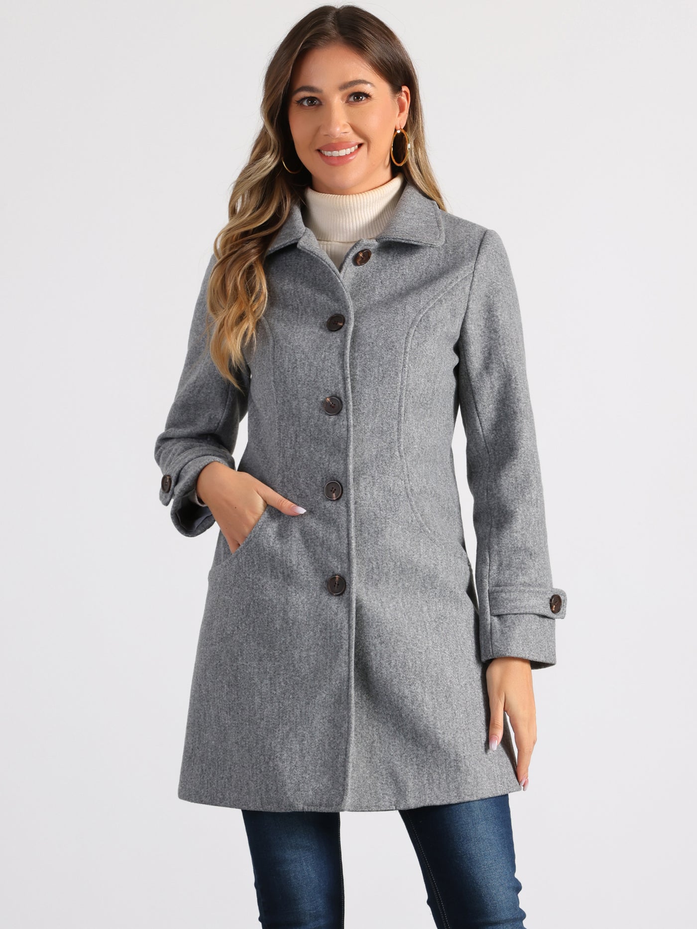 Allegra K Winter Peter Pan Collar Mid-thigh A-line Single Breasted Pea Coat