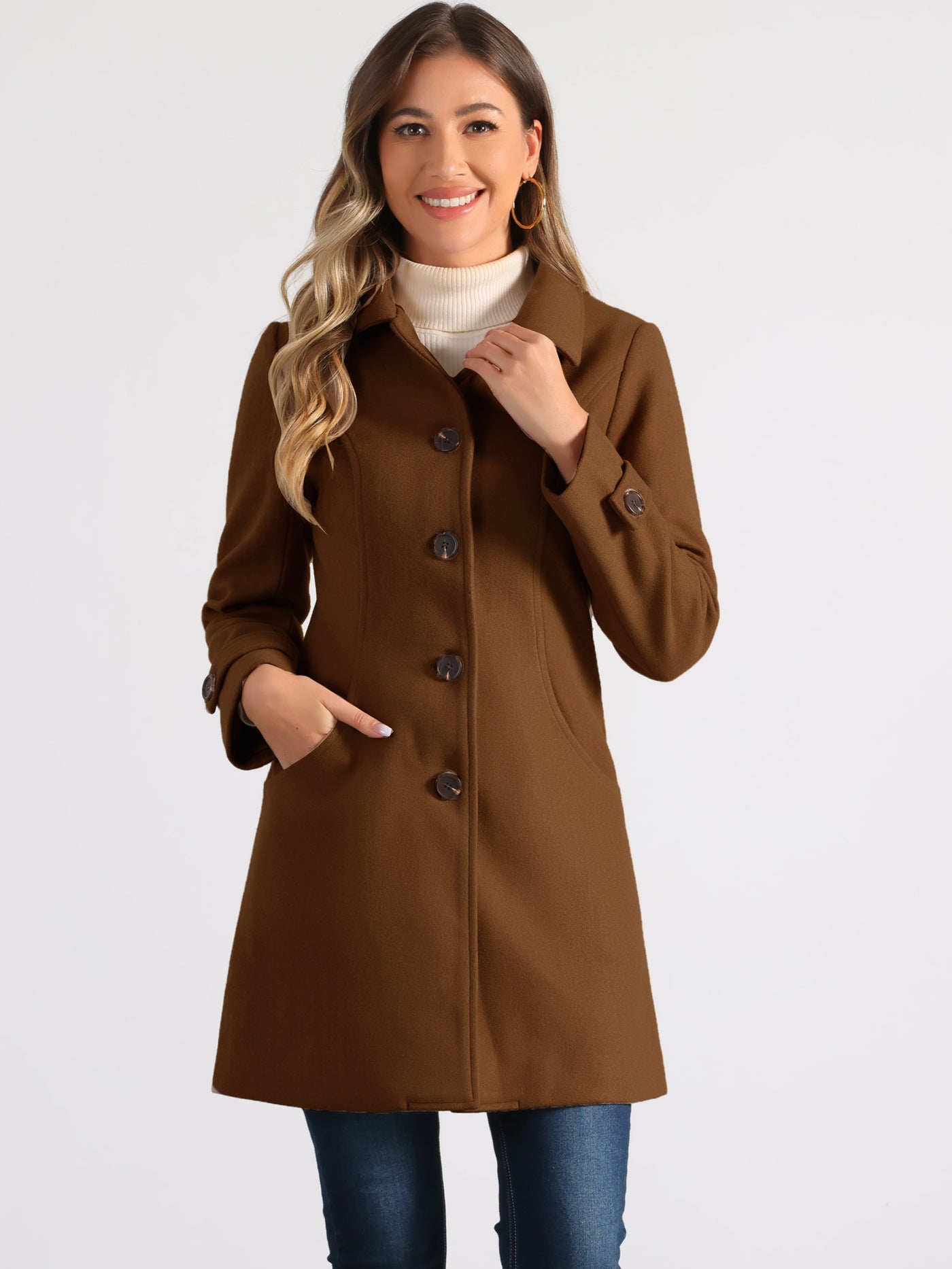 Allegra K Winter Peter Pan Collar Mid-thigh A-line Single Breasted Pea Coat