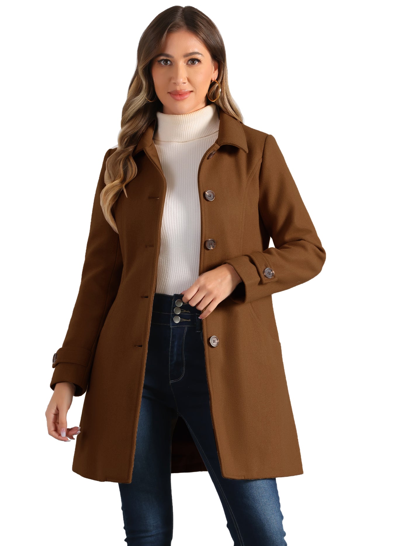 Allegra K Winter Peter Pan Collar Mid-thigh A-line Single Breasted Pea Coat