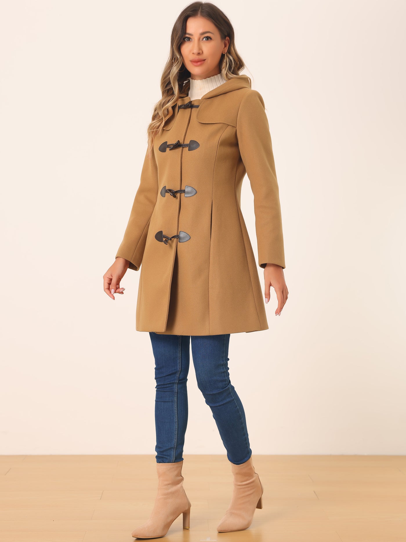 Allegra K Hooded Toggle Button Up Duffle Coat Winter Outwear