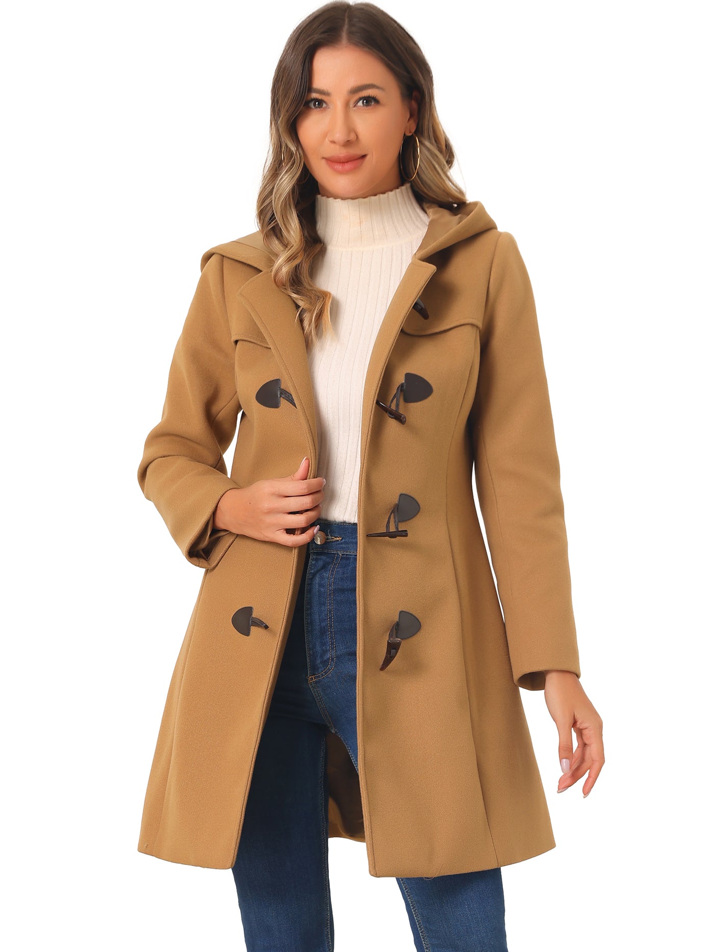 Allegra K Hooded Toggle Button Up Duffle Coat Winter Outwear