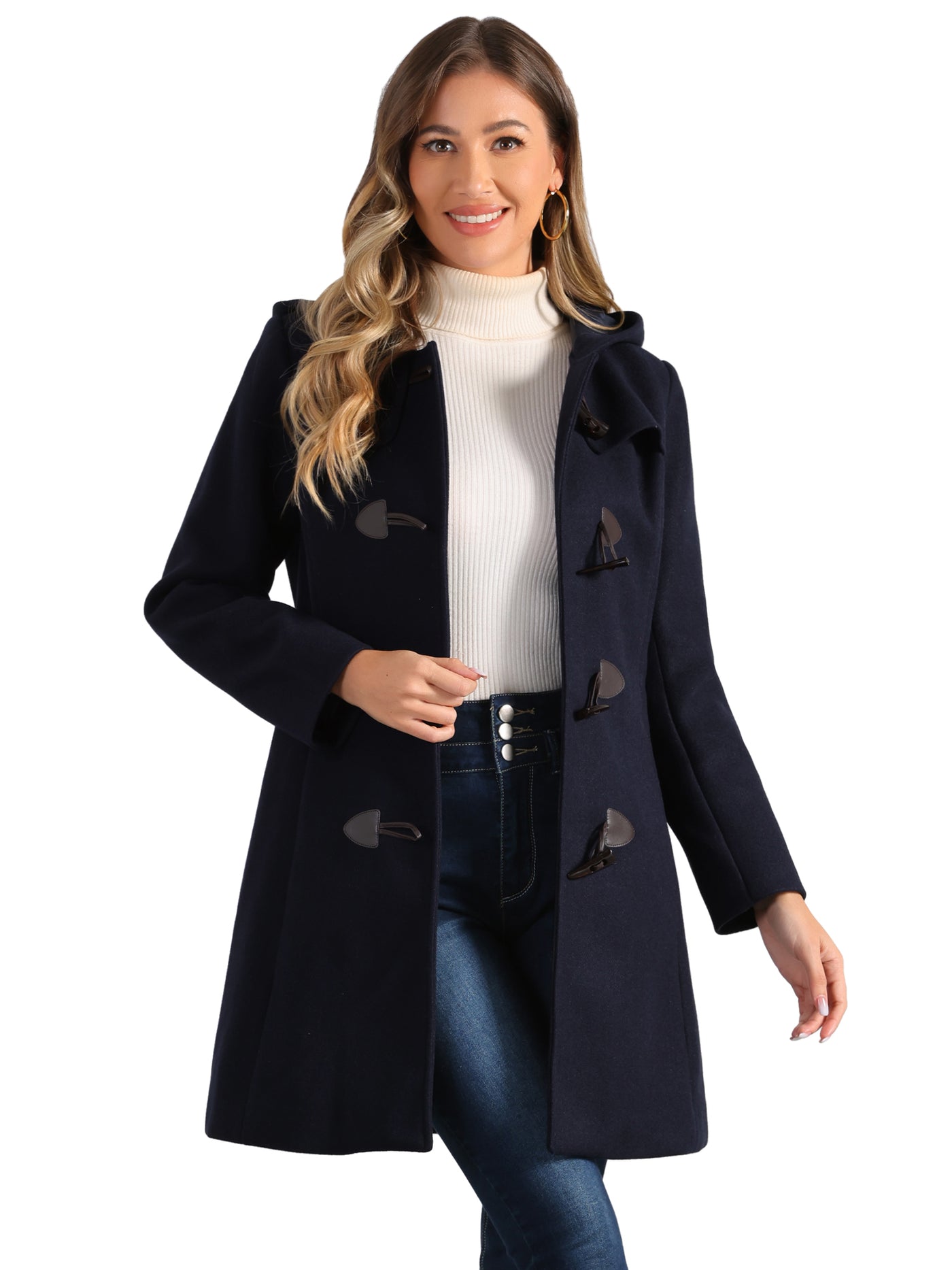 Allegra K Women s Hooded Toggle Button Up Duffle Coat