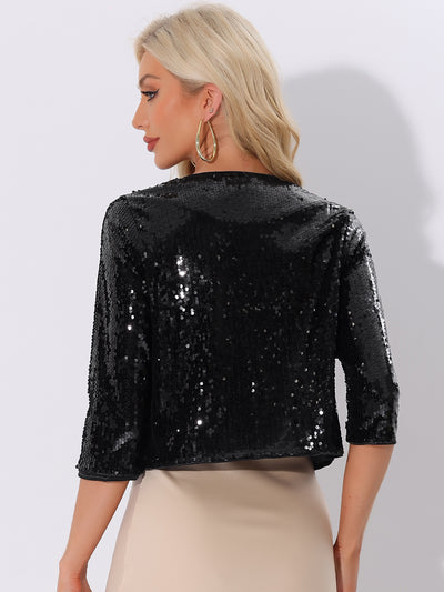 Sequin Glitter 3/4 Sleeve Open Front Party Club Cropped Jackets