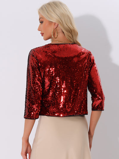 Sequin Glitter 3/4 Sleeve Open Front Party Club Cropped Jackets