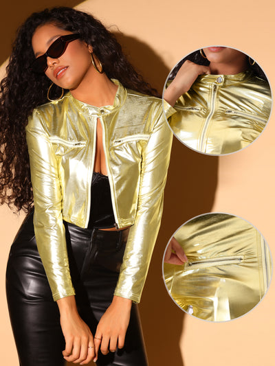 Allegra K Stand Collar Metallic Zipper Party Long Sleeve Cropped Jacket