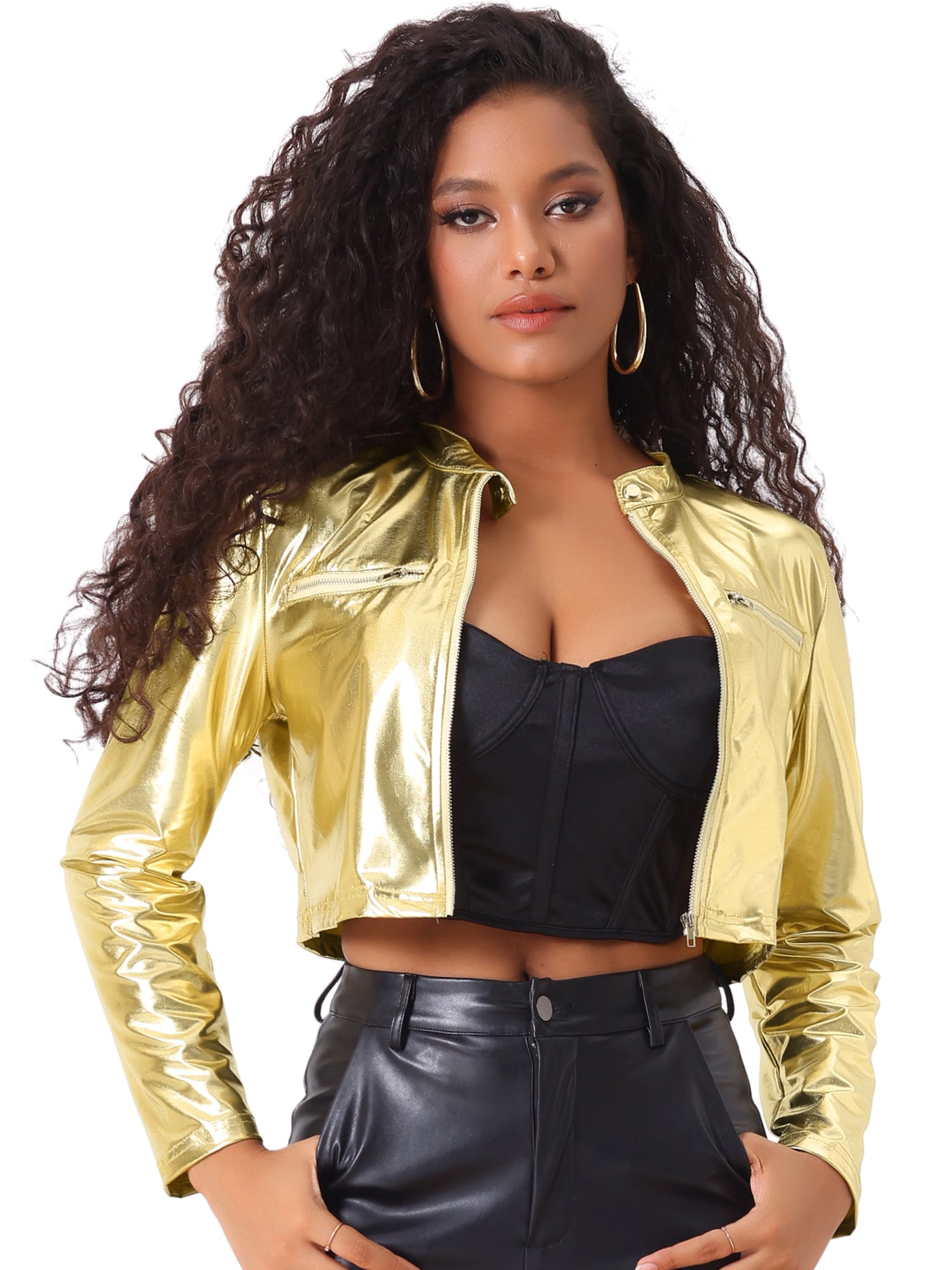 Allegra K Stand Collar Metallic Zipper Party Long Sleeve Cropped Jacket